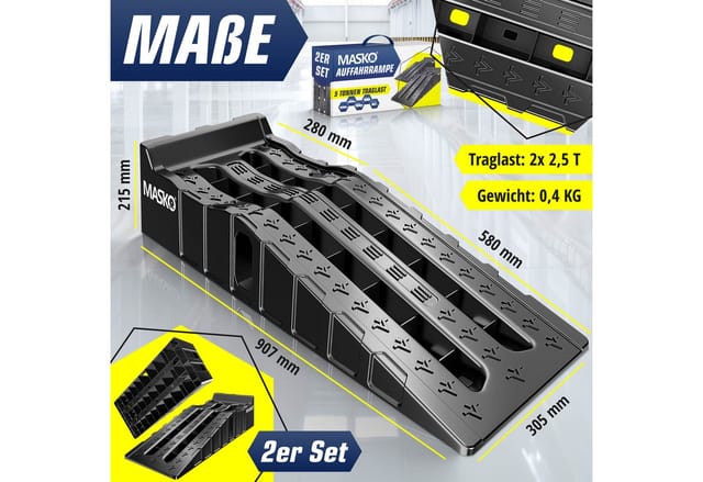 MASKO® Auffahrrampe 2er Set Auffahrkeile bis 5 t Traglast KFZ-Rampe mit Überfahrschutz Verladerampe rutschfest, robust und extra breit Garagenrampen Autorampe Ölwechsel und Reparatur
