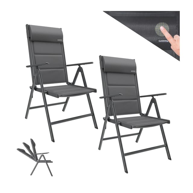 GARMIO® Gartenstuhl Balkonstuhl FLORENZ schwarz, 2er SET, 7-fach verstellbar, klappbar, inkl. Nackenkissen, für Terrasse