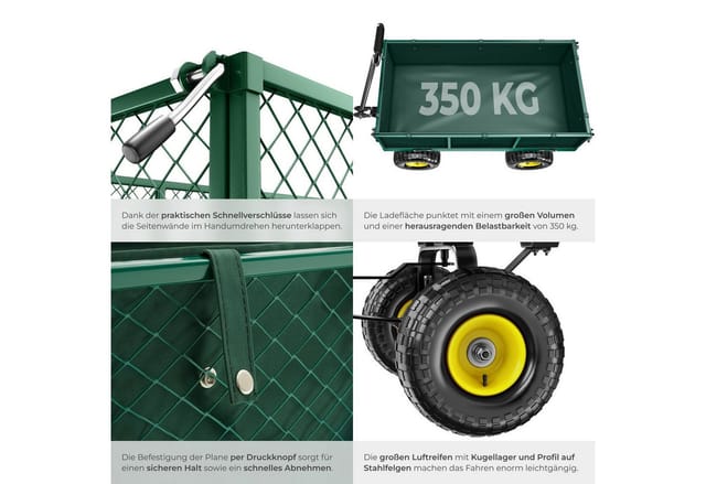 tectake® Bollerwagen, mit klappbaren Seitenwänden, leichtgängige Lenkachse mit gepolstertem Griff, Belastbarkeit 350 kg