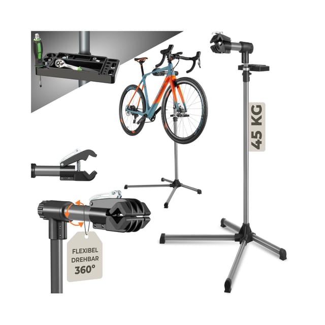 tectake® Fahrradmontageständer, für alle gängigen Modelle, lackschonend, inklusive Werkzeugablage mit Montageschlüssel