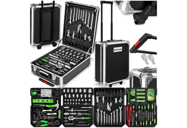 tectake® Aluminium Werkzeugkoffer, 1200-teilig, übersichtliche Anordnung auf 4 Ebenen, mit Klappgriff und Teleskopgriff