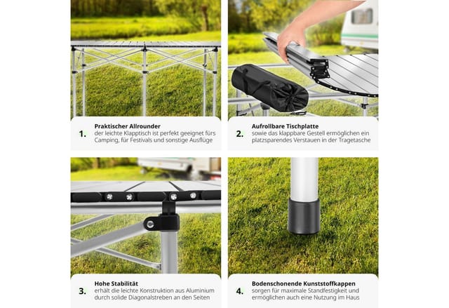 tectake® Aluminium Campingtisch, klappbar, bodenschonende Kunststoffkappen, 140 x 70 x 70 cm