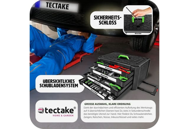 tectake® Werkzeugkoffer, 899-teilig, übersichtliche Anordnung auf 4 Ebenen, inklusive Sicherheitsstift, mit Klappgriff und Teleskopgriff