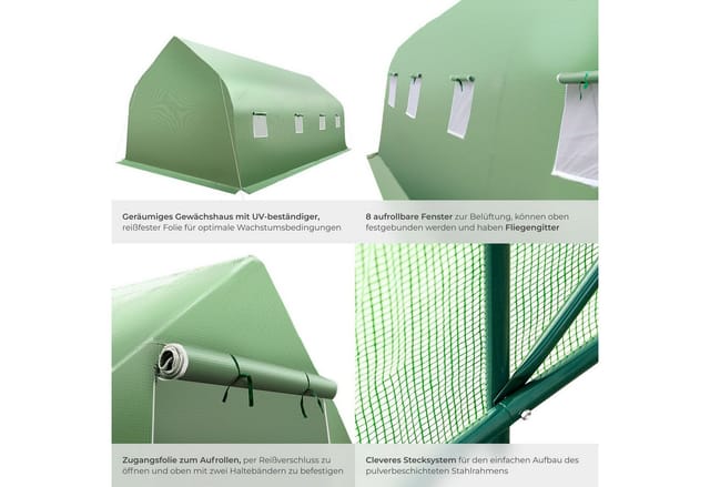 tectake® Foliengewächshaus, 27 m³, in Zeltform mit 8 Fenstern, Reißverschlussöffnung, 600 x 300 x 205 cm
