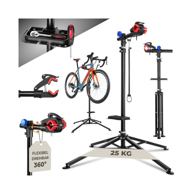 tectake® Fahrradmontageständer, klappbar, für alle gängigen Modelle, lackschonend, inklusive Werkzeugablage