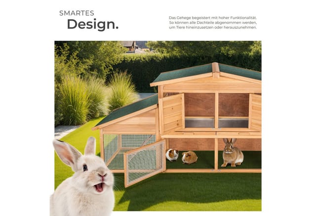 tectake® Kleintierstall, aus Holz, 4 Türen, Ruhezone und Freilaufbereich, inklusive ausziehbarer Schublade, 226 x 77 x 95,5 cm
