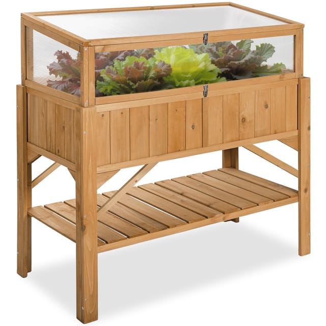 tectake® Hochbeet, aus Holz, mit Ablage und Frühbeet-Aufsatz, Hohlkammerplatten und arretierbares Dach, Füllmenge 130 l, 119 x 57 x 124 cm