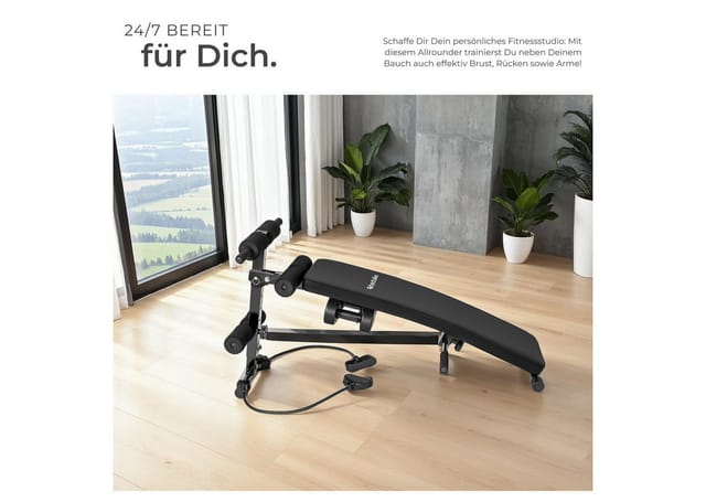tectake® Sit-up Bank, 6-fach verstellbar, klappbar, rutschfeste Fußenden, inklusive 2 Hanteln und elastische Seile
