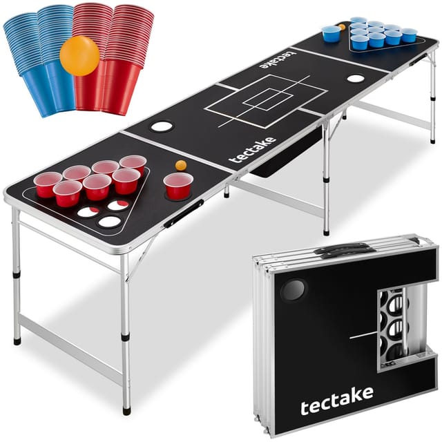 tectake® Aluminium Bierpongtisch, mit Eisfach, klappbar, bodenschonende Kunststofffüße, inklusive 100 Bechern und 6 Bällen