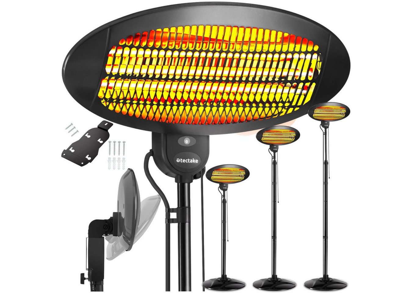 tectake® Infrarotheizstrahler, 3 Leistungsstufen, 650, 1300 und 2000 W, höhenverstellbar und neigbar, Wandmontage möglich, 50 x 50 x 136 - 213 cm