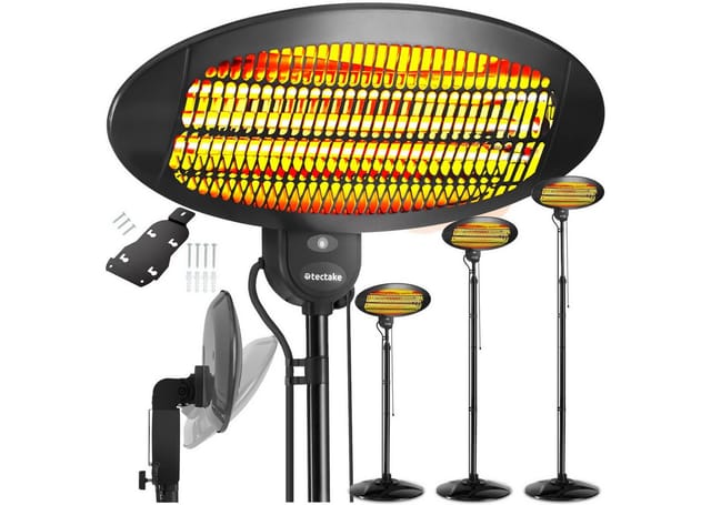 tectake® Infrarotheizstrahler, 3 Leistungsstufen, 650, 1300 und 2000 W, höhenverstellbar und neigbar, Wandmontage möglich, 50 x 50 x 136 - 213 cm