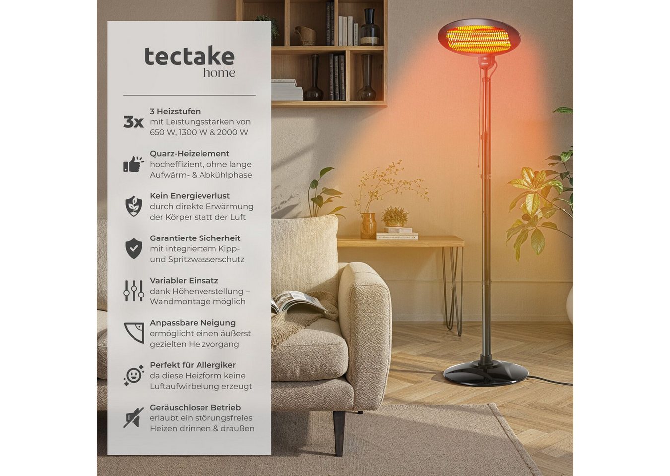 tectake® Infrarotheizstrahler, 3 Leistungsstufen, 650, 1300 und 2000 W, höhenverstellbar und neigbar, Wandmontage möglich, 50 x 50 x 136 - 213 cm Bild 3