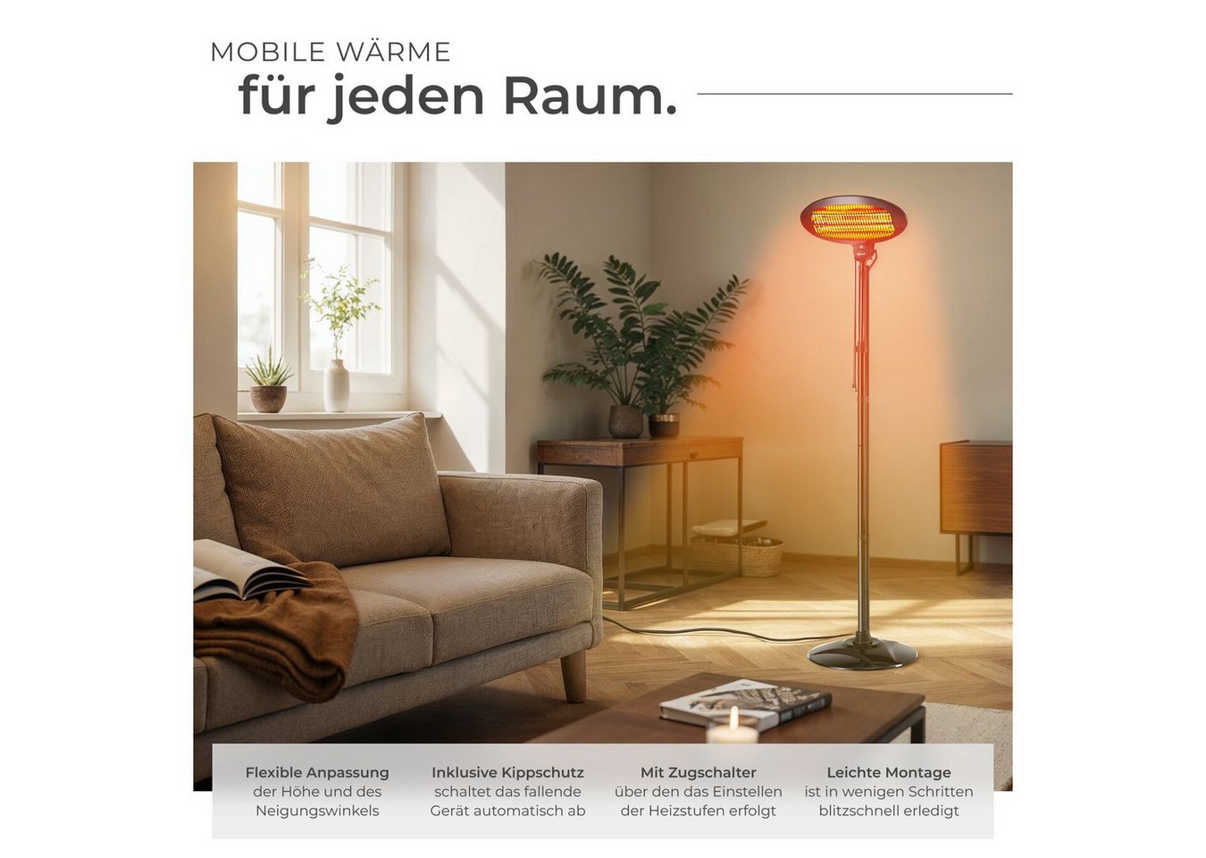 tectake® Infrarotheizstrahler, 3 Leistungsstufen, 650, 1300 und 2000 W, höhenverstellbar und neigbar, Wandmontage möglich, 50 x 50 x 136 - 213 cm Bild 5