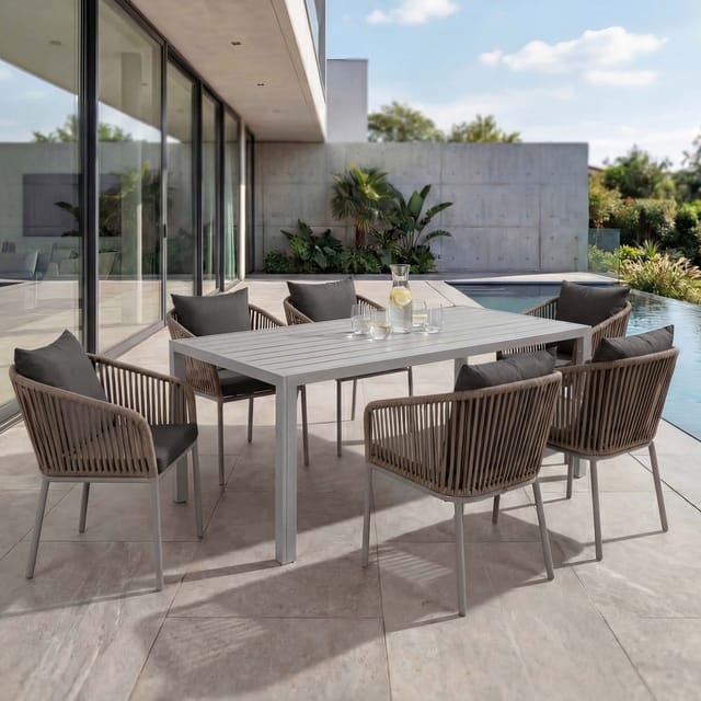 Gartengarnitur MCW-N41, Tisch+6xStuhl, wetterfest Alu 180x80cm, Seilgeflecht Rope ~ grau, Kissen dunkelgrau