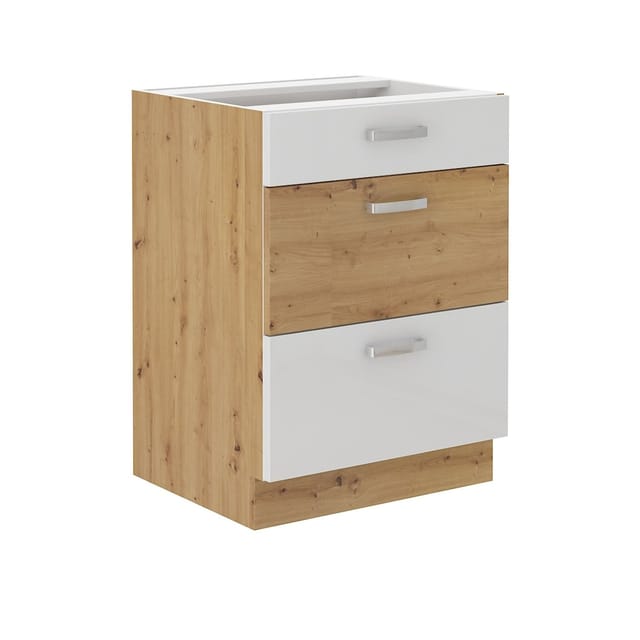 Küchen Unterschrank 60 cm Eiche Artisan + Weiß Hochglanz Vollauszug Soft-Close