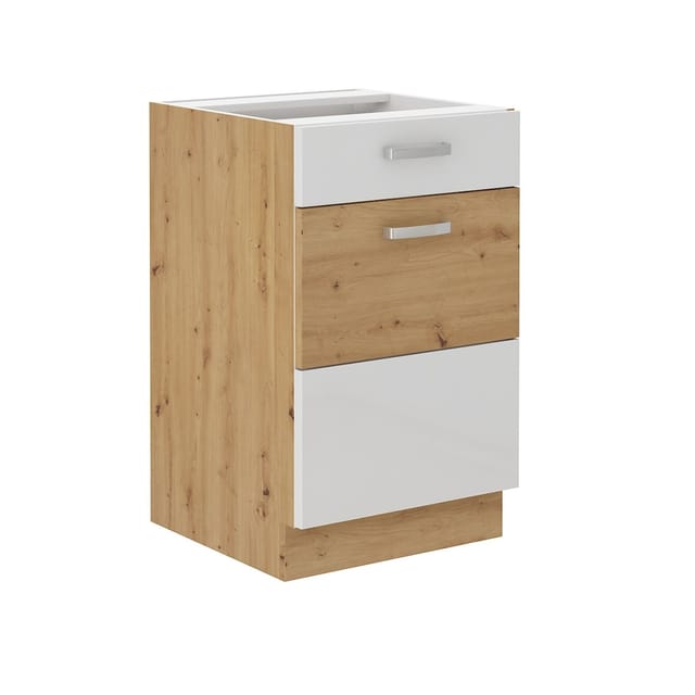Unterschrank 50 Eiche Artisan + Weiß Hochglanz Küchenzeile Vollauszug Soft-Close