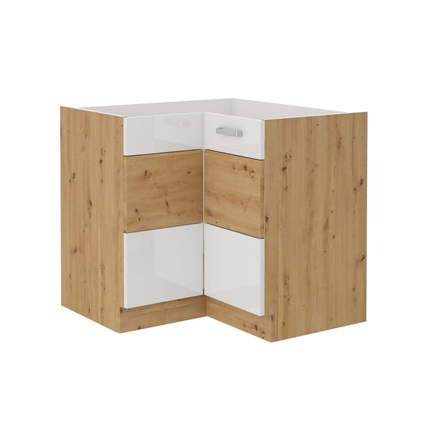 Eckunterschrank 90x90 cm Eiche Artisan + Weiss Hochglanz Küchenzeile Küchenblock