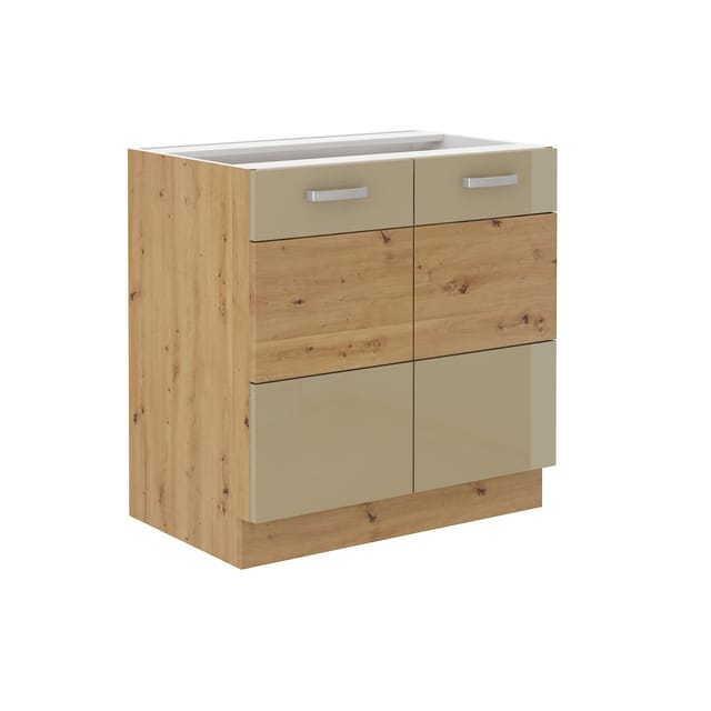 Unterschrank 80 cm Eiche Artisan + Cappuccino Hochglanz Küchenzeile Küchenblock