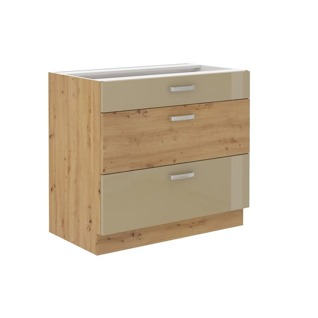 Küchen Unterschrank 80 Eiche Artisan Cappuccino Hochglanz Vollauszug Soft-Close