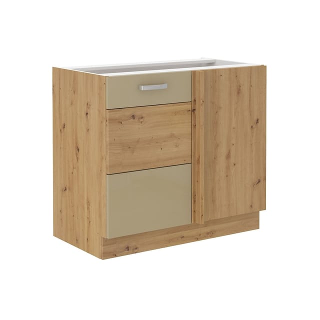 Eckunterschrank 105 Eiche Artisan + Cappuccino Hochglanz Küchenzeile Küchenblock