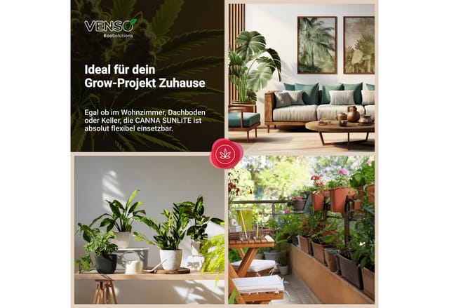 VENSO LED Pflanzenlampe Vollspektrum CANNA SUNLiTE, 30W Parus Grow Light, Ausziehbarer Teleskopstab bis 170cm, Ideal für 1-2 Cannabis Pflanzen, Indoor Anzucht, 4000K, IP54, EU-Stecker