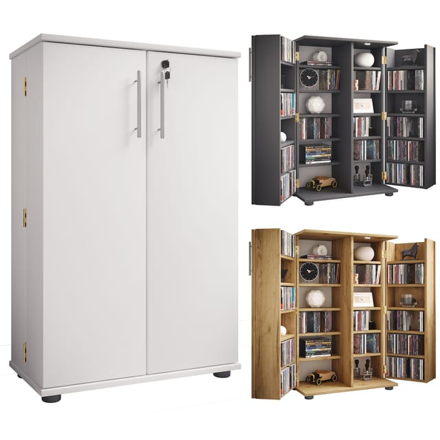 VCM Holz CD DVD Stand Regal/Schrank platzsparender CD Schrank mit 2 abschließbaren Türen für 600 CDs oder 260 DVDs oder 144-Videos Maße: H. 93 x B. 60 x T. 31 cm 20 variable Einlegeböden – Engalo XL