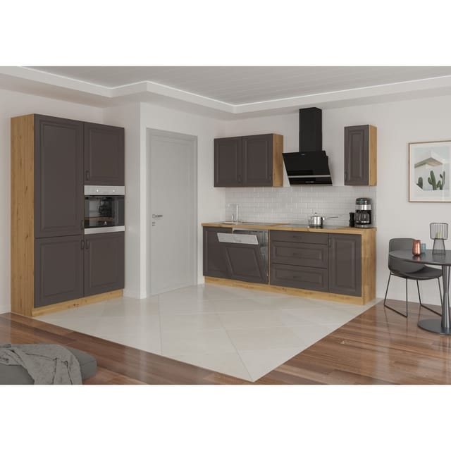 Küche Stilo Grau + Eiche Artisan 230 + 120 Küchenzeile Küchenblock Einbauküche