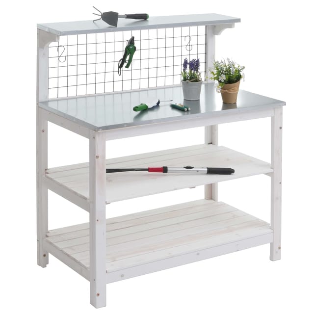 Pflanztisch MCW-N55, Gärtnertisch Blumentisch Pflanzregal, Holz MVG-zertifiziert verzinkte Platte, 117x102x56cm ~ weiß