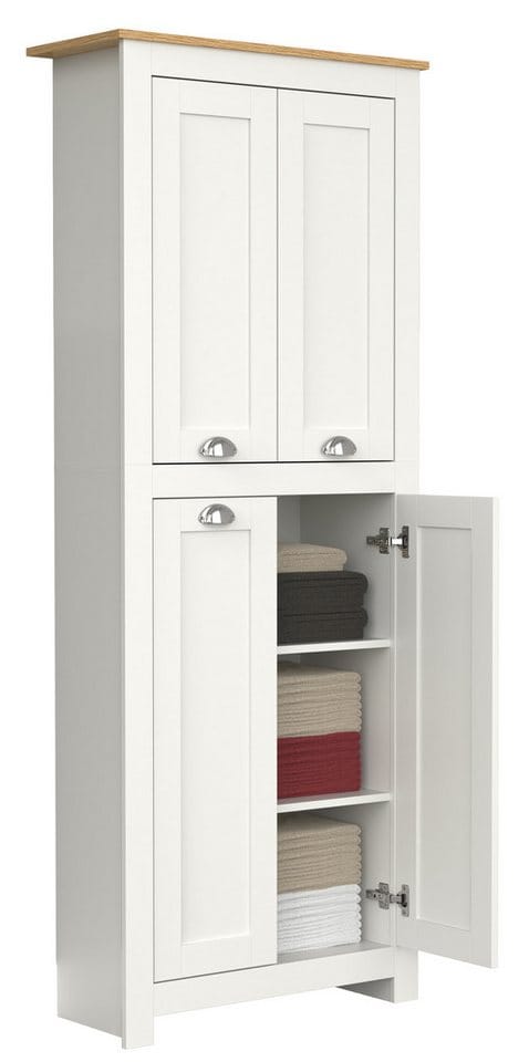 VCM Holz Flurschrank 5 Fächer Badezimmerschrank Maße: H. 184 x B. 72 x T. 32 cm 4 Drehtüren elegante Muschelgriffe - Balusa