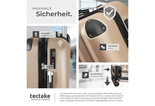 tectake® 3er Kofferset, 3-teilig aus robustem ABS-Kunststoff inkl. Kofferwaage und -anhänger, 360° drehbare, abnehmbare Rollen, mit Sicherheitszahlenschloss