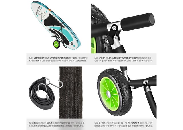 tectake® Surfboard Transportwagen, klappbar, für bis zu 2 Boards, Schaumstoffpolsterung, inkl. 2 Sicherungsgurte, 62 x 53 x 49 cm