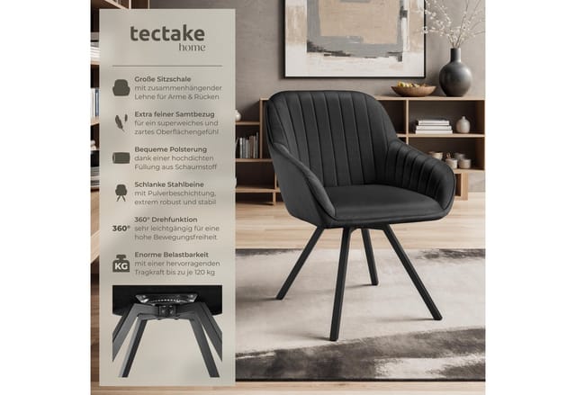 tectake® Drehbarer Armlehnstuhl , gepolstert, in Samtoptik, 360° drehbar, schlanke Stahlbeine, 58 x 58 x 82 cm