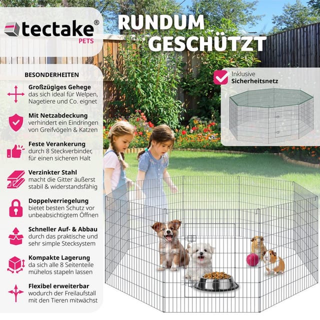 tectake® Freilaufgehege , aus 8 Gitterelementen, große Tür mit Doppelverriegelung, Ø 204 x 93 cm