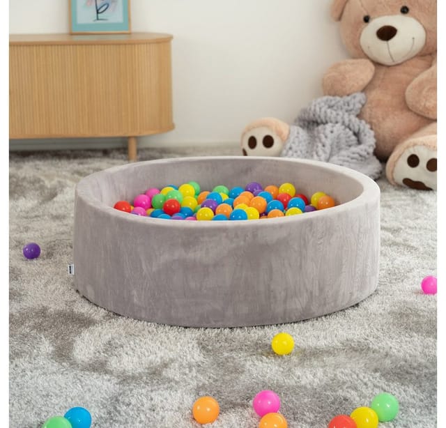 HOME DELUXE Bällebad Samt inkl. Spielbälle Bunt TWIRL 100 x 100 cm Grau