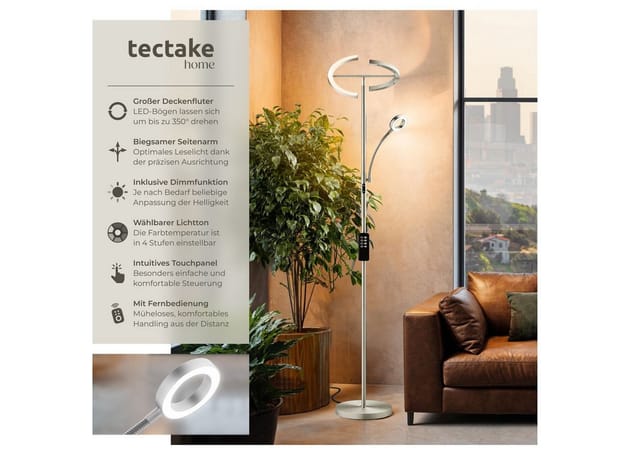 tectake® Deckenfluter, LED, 20 W, inklusive Leselicht 7 W, bewegliche LED-Bögen und Schwanenhals, 31,5 x 188 cm