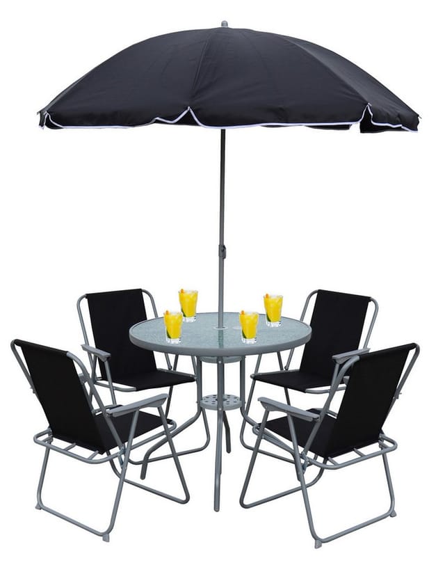 VCM 6-teilig Gartenmöbel Set, Gartentisch Ø 75 cm mit Glasplatte, 4 Stühle & Sonnenschirm, Metall & Textilene, Outdoor geeignet - Maxola