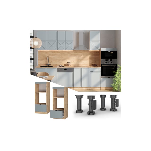 Vicco Mikrowellenschrank Fame-Line Eiche Hellblau-Grau gerahmt 60 cm mit Schublade
