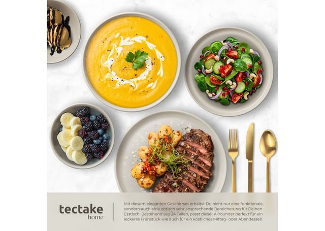 tectake® Tafelservice, für 6 Personen, aus Steingut, mit Glasur, ineinander stapelbar