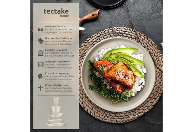tectake® Kombiservice, für 6 Personen, aus Steingut, mit Glasur, ineinander stapelbar