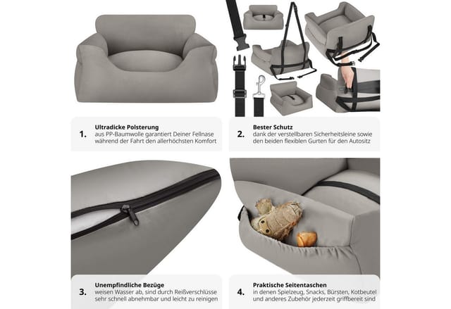 tectake® Hundeautositz, mit Sicherheitsleine und 2 Befestigungsgurten, längenverstellbar, abnehmbare Bezüge aus Canvas, wasserabweisend und waschbar, 55 x 50 x 29 cm