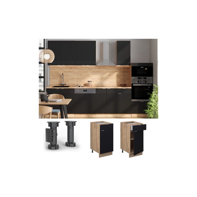 Vicco Schubunterschrank Fame-Line Eiche Schwarz gestreift 40 cm mit Arbeitsplatte Anthrazit
