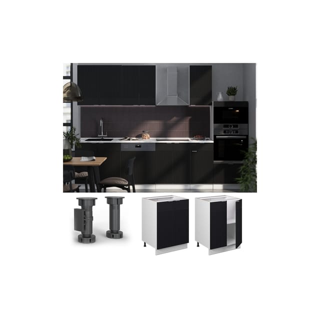 Vicco Unterschrank Fame-Line Weiß Schwarz gestreift 60 cm mit Arbeitsplatte Anthrazit