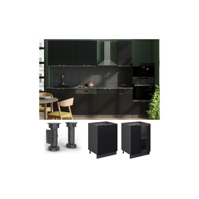 Vicco Unterschrank Fame-Line Anthrazit Schwarz gestreift 60 cm mit Arbeitsplatte Eiche