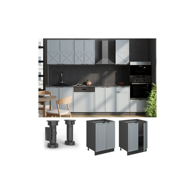 Vicco Unterschrank Fame-Line Anthrazit Hellblau-Grau gerahmt 60 cm mit Arbeitsplatte Eiche