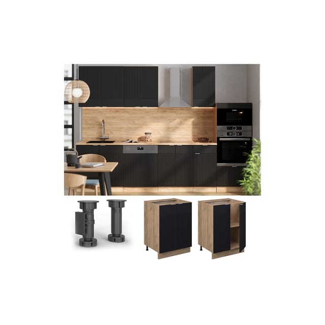 Vicco Unterschrank Fame-Line Eiche Schwarz gestreift 60 cm mit Arbeitsplatte Eiche