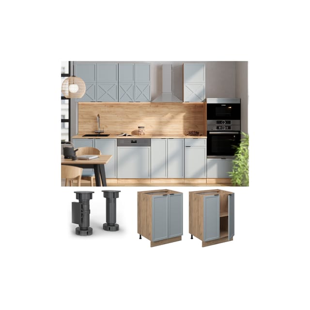 Vicco Unterschrank Fame-Line Eiche Hellblau-Grau gerahmt 60 cm mit Arbeitsplatte Anthrazit