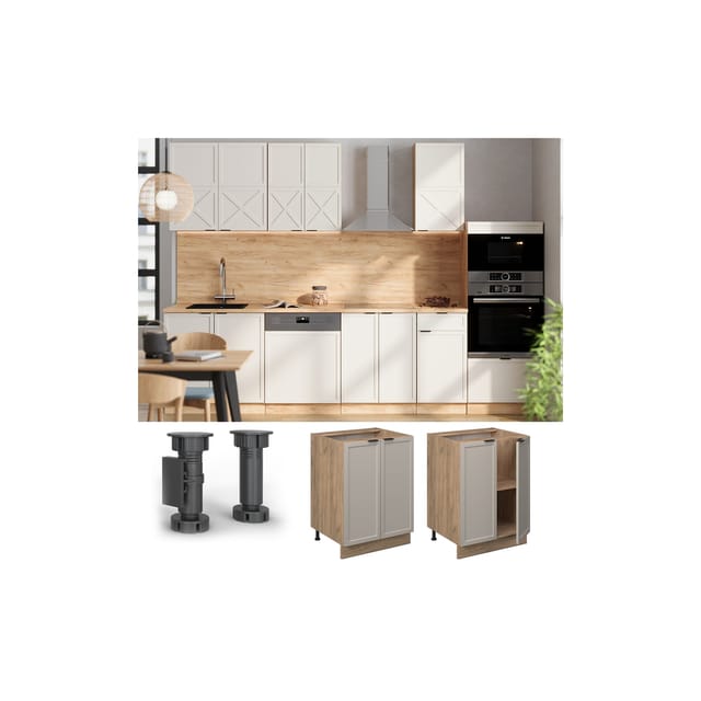 Vicco Unterschrank Fame-Line Eiche Grau-Beige gerahmt 60 cm mit Arbeitsplatte Eiche