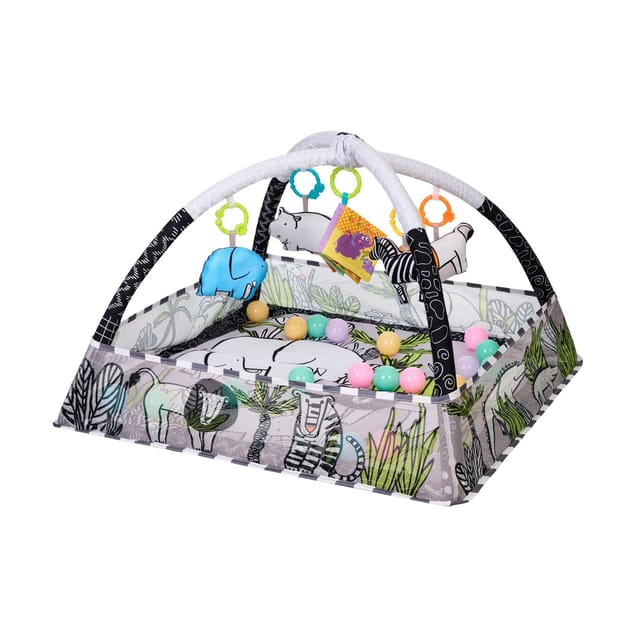 Kikkaboo Spielbogen, Krabbeldecke 2 in 1, Greiflinge, 18 Spielbälle, Bällebad grau