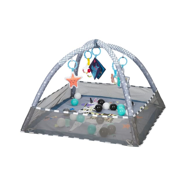 Kikkaboo Spielbogen, Krabbeldecke 2 in 1, Greiflinge, 18 Spielbälle, Bällebad hellblau