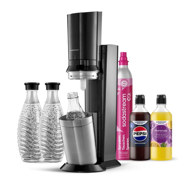 CRYSTAL 3.0 Wassersprudler titan, Bundle inkl. 3x Glasflasche, 1x Sodastream Maracuja ohne Zucker Sirup, 1x Pepsi Zero Zucker Sirup, 1x Quick-Connect Zylinder
